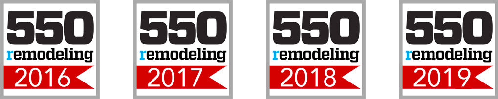 Four badges side by side, each reading 550 remodeling with years 2016, 2017, 2018, and 2019 displayed in red at the bottom of each respective badge.