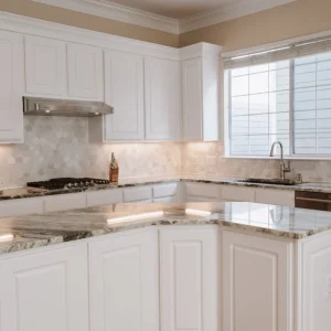Modern kitchen with white cabinets, marble countertops, a gas stove, range hood, sink under a large window with blinds, and utensils on the counter. Light walls and backsplash brighten the room.